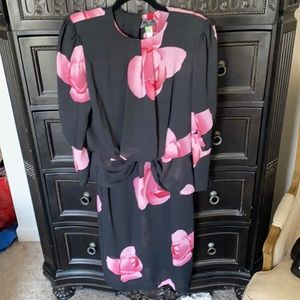 Vintage Lori Max Padded Shoulder Black Pink Roses Mid Dress Size 10